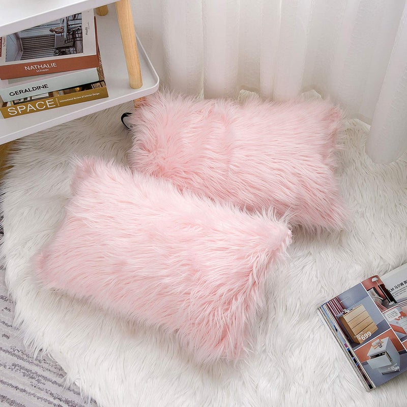 WLNUI Set of 2 Valentines Day Pink Fluffy Pillow Covers New Luxury Series Merino Style Blush Faux Fur Decorative Throw Pillow Covers Square Fuzzy Cushion Case 12x20 Inch - Image 4